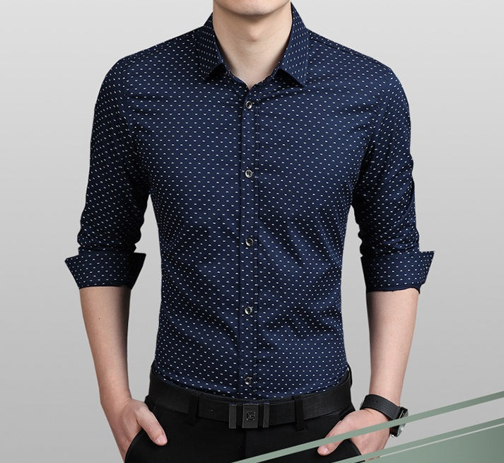 Men's dark navy dress shirt with small dotted pattern, button-down collar, 3/4 sleeves