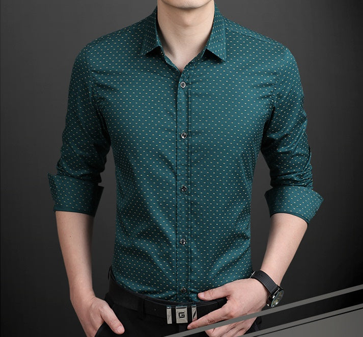 Men's teal green dress shirt with small dotted pattern, button-down collar, 3/4 sleeves