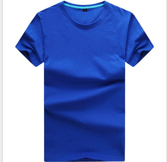 Men’s crew-neck royal blue T-shirt with short sleeves and turquoise-trim collar