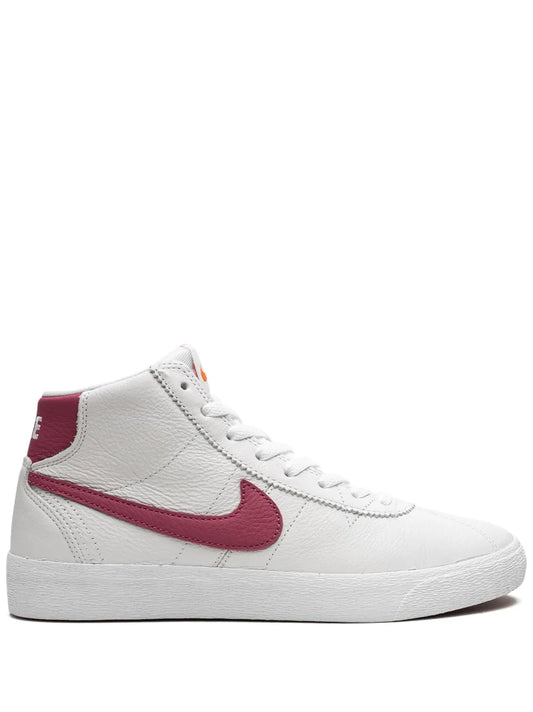 White high-top leather sneaker with burgundy side Swoosh and lace-up design