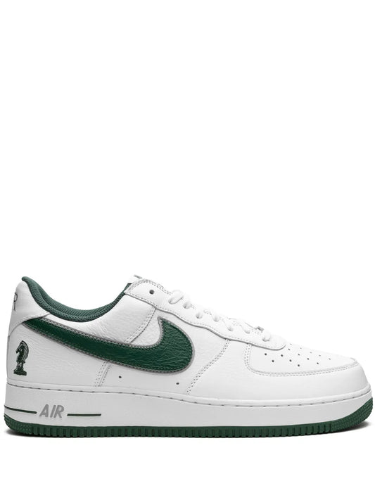 Nike Air Force 1 low-top sneakers, white with green Swoosh and AIR midsole