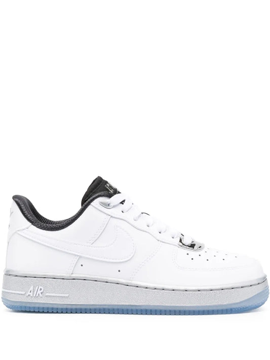 Nike Air Force 1 mid-top sneaker in white with black collar and blue outsole