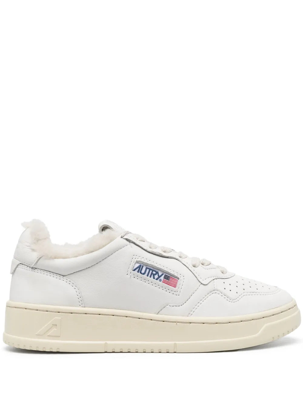 White low-top sneaker with faux-fur collar and Autry logo patch