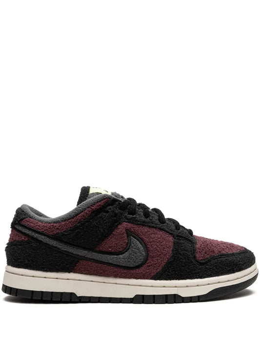 Nike Dunk Low low-top sneakers with black and maroon suede panels, lace-up