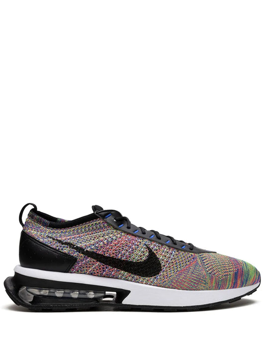 Multicolor knit running sneaker with black Swoosh, black laces, and visible Air unit