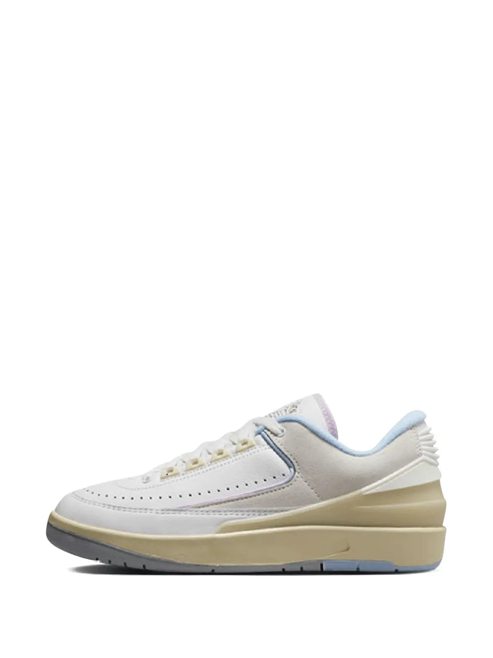 Air Jordan 2 Low sneakers, side view, white leather with beige midsole and blue laces
