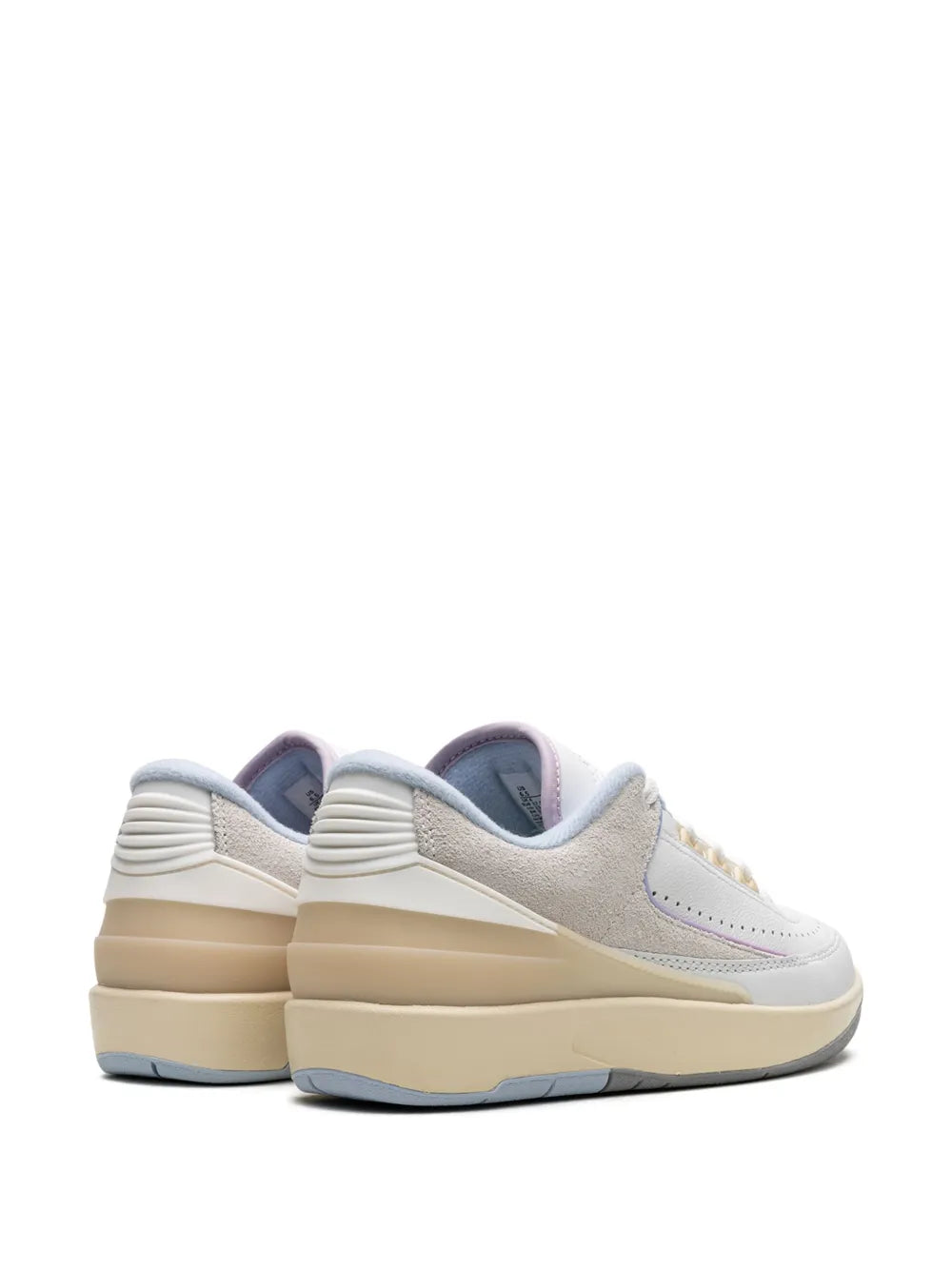 Air Jordan 2 Low sneakers, heel side view, white and gray panels with beige midsole