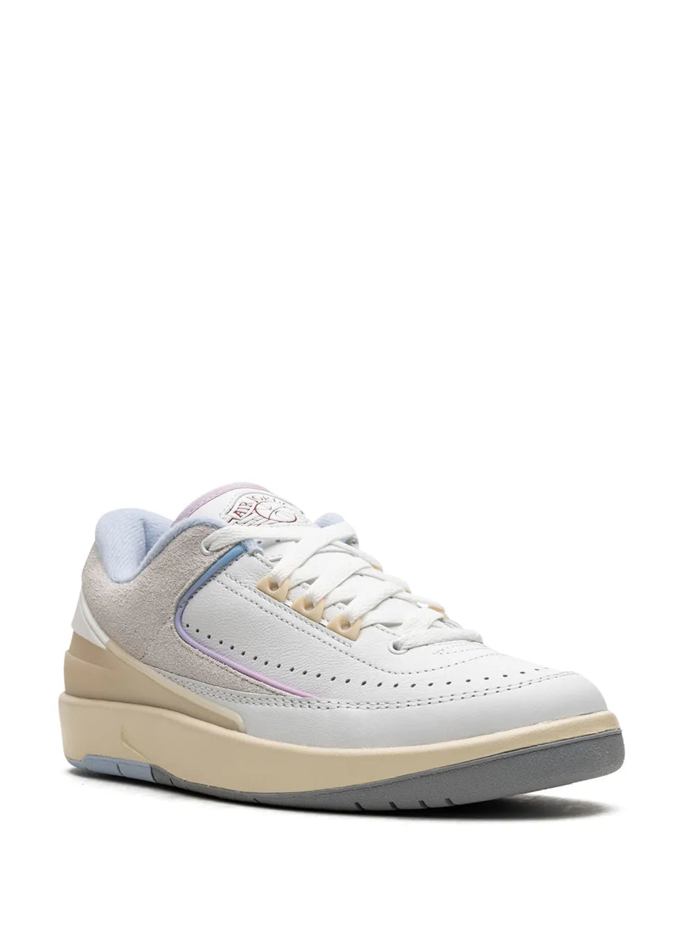 Air Jordan 2 Low sneakers, front side view, white upper with beige and light blue trim