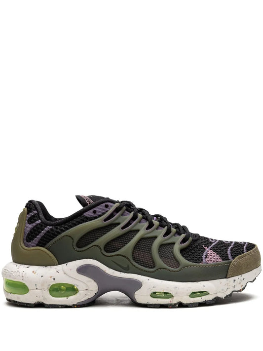 Black and olive lace-up sneaker with Air Max-style cushioning and green accents
