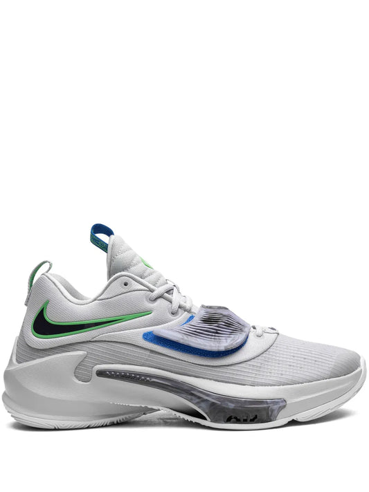 Nike Zoom Freak 3 grey low-top sneakers, lace-up with green swoosh and blue accents