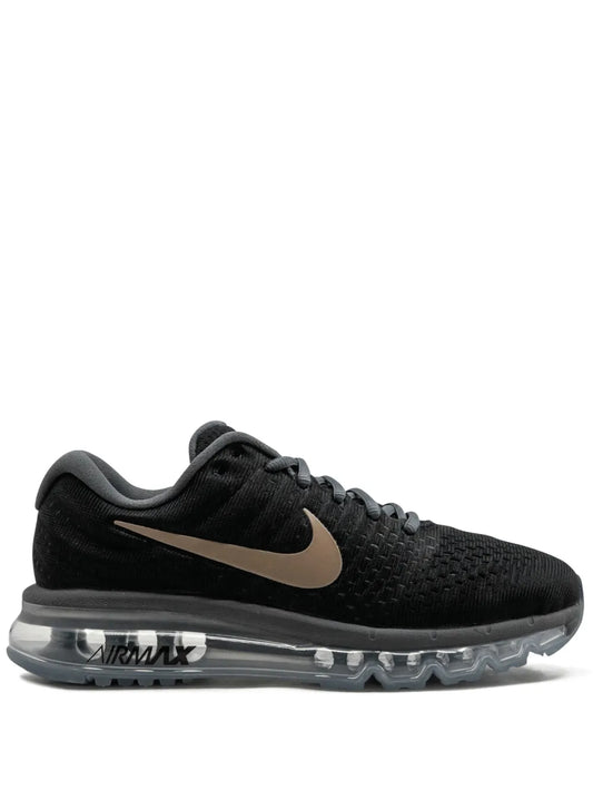 Men's black Nike running shoe with gold swoosh and Air Max heel window