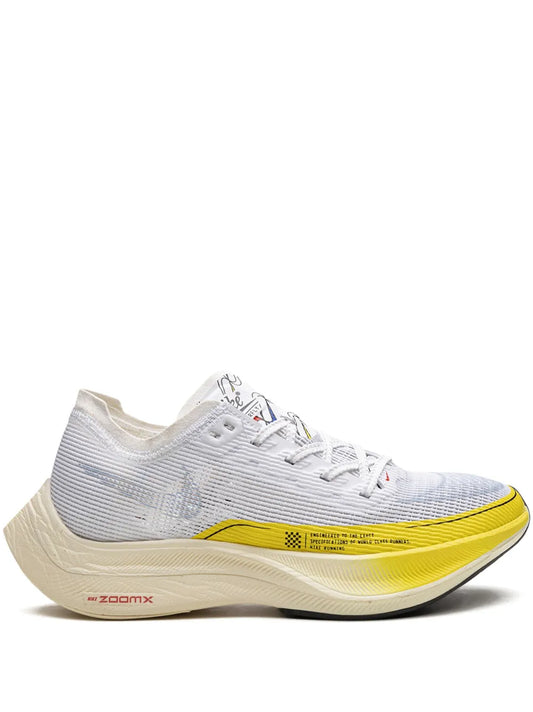 Nike ZoomX Vaporfly Next% 2 running shoe, white knit upper, yellow midsole