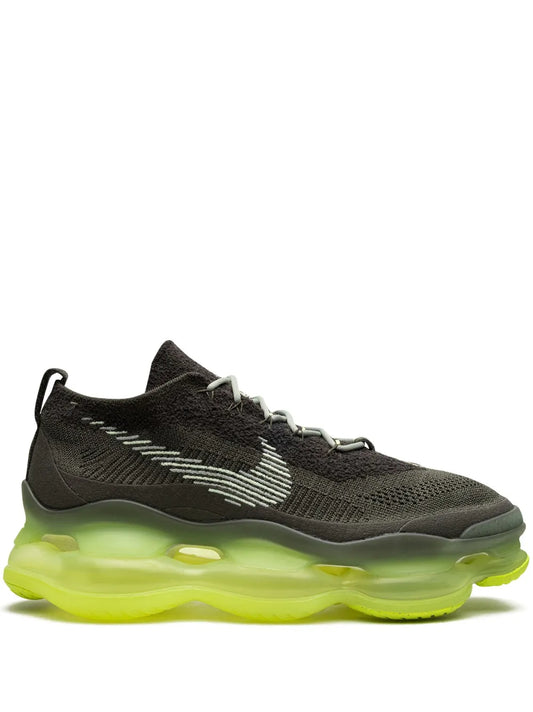 Nike Air Max Scorpion Flyknit black sneaker with neon green sole
