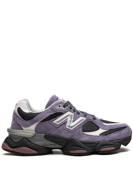 Purple/gray lace-up running shoes with N logo and black sole, side view