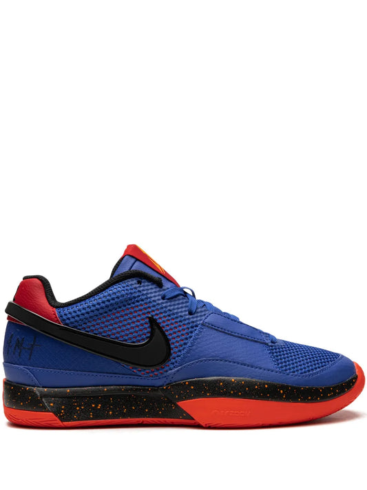 Nike Ja 1 basketball shoe, blue mesh upper with black swoosh and red accents