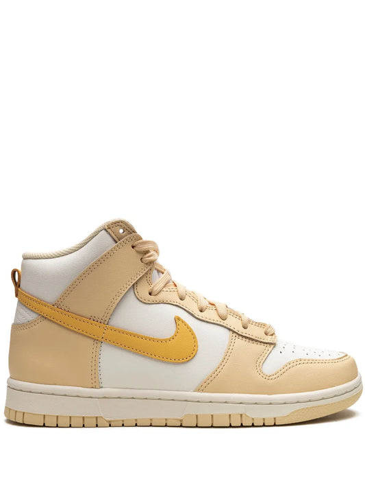 Nike high-top sneakers, white and tan with yellow Swoosh, lace-up