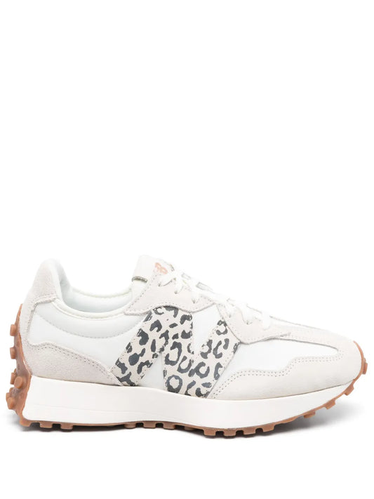 White lace-up sneaker with leopard-print side panel and brown gum outsole