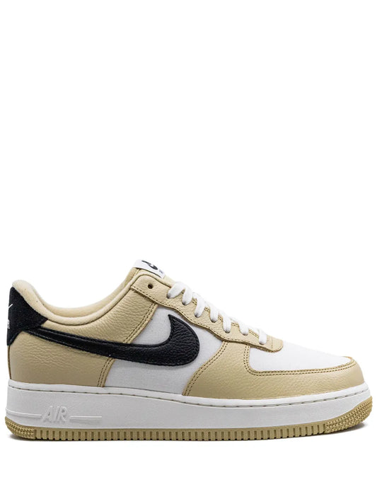 Nike Air Force 1 '07 LX low sneaker in beige, white and black, side profile with swoosh