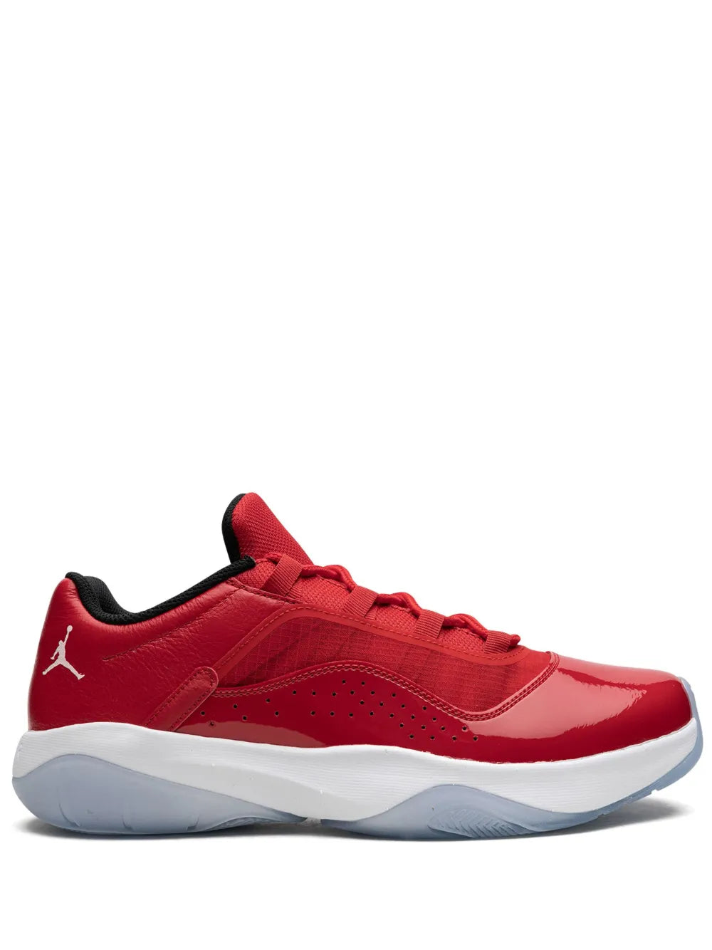 Jordan low-top sneakers in red with black collar, lace-up front, white midsole