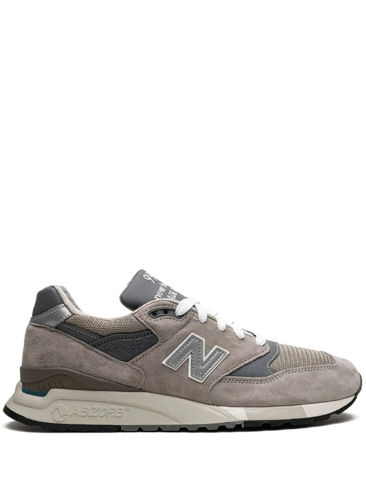 New Balance 998 sneaker in tan-gray suede with N logo, white laces, chunky sole