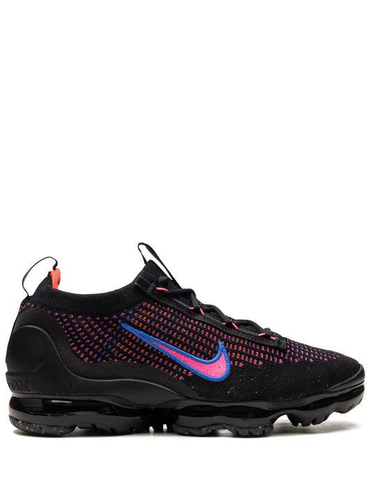 Nike Air Vapormax 2021 Flyknit running shoe, black knit with blue swoosh and red accents