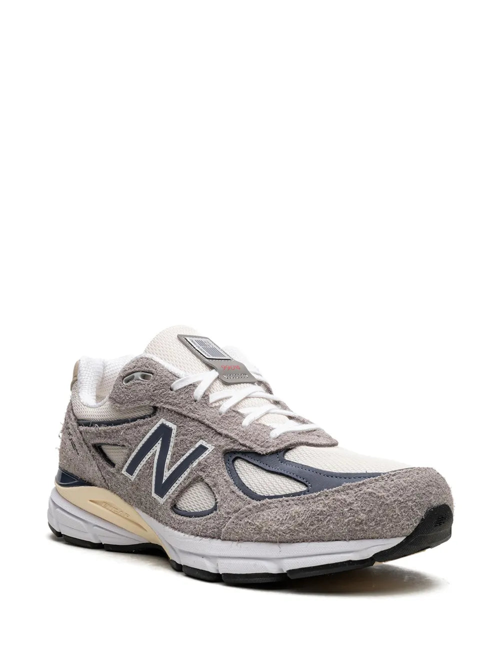 Grey 990V4 running shoes, front side lace-up