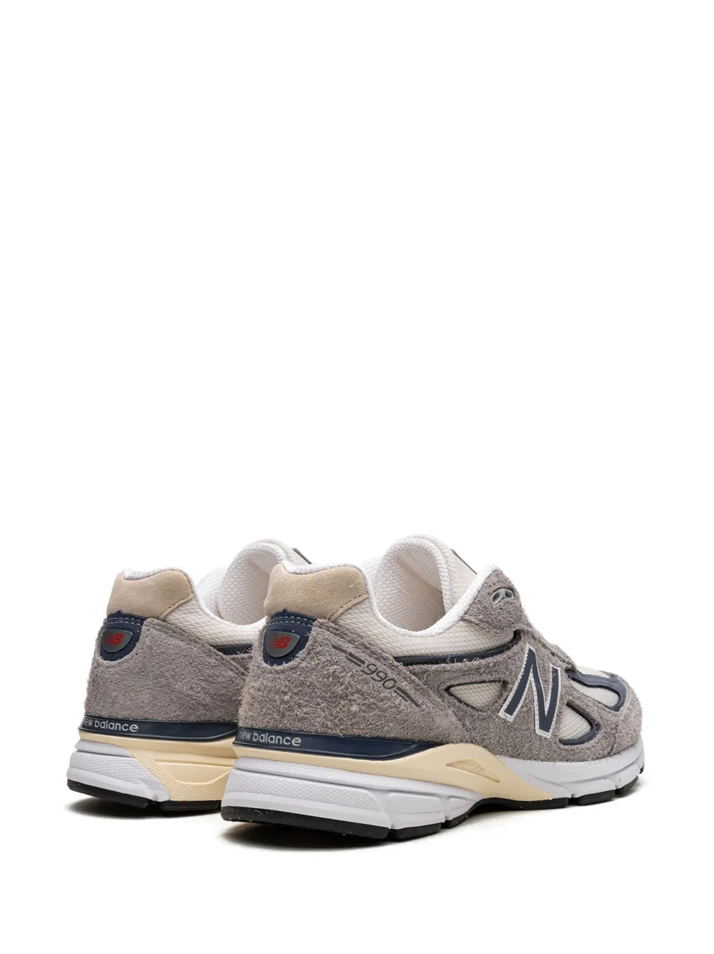 Grey 990V4 running shoes, back view with padded collar