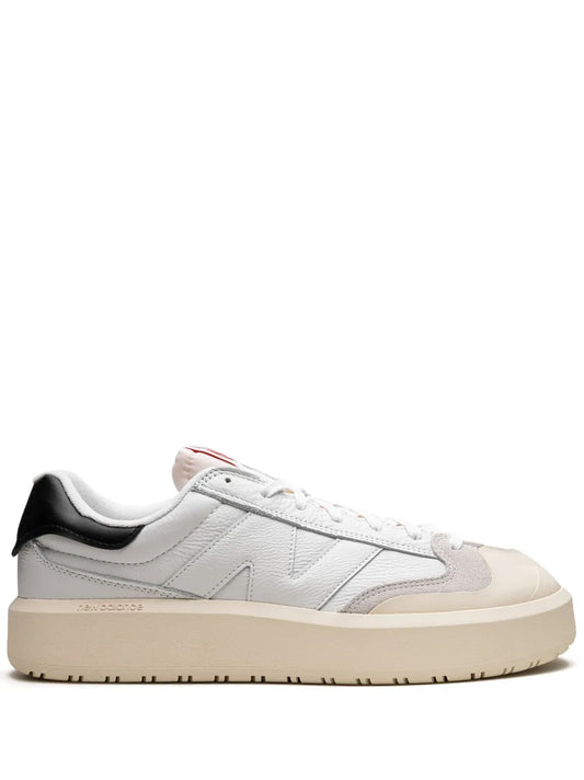 New Balance CT302 low-top sneaker, white with black collar, beige sole