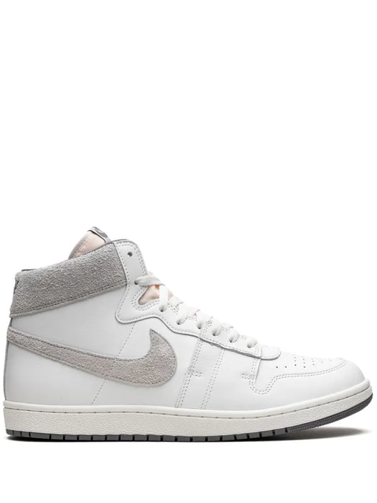 Nike white high-top sneakers with gray swoosh and padded collar