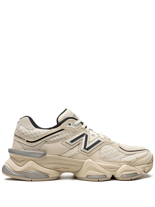 New Balance 9060 low-top sneakers in light beige, bold N logo, chunky sole