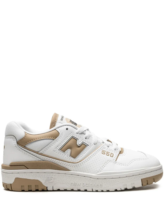 New Balance 550 beige-and-white lace-up sneakers with chunky rubber sole