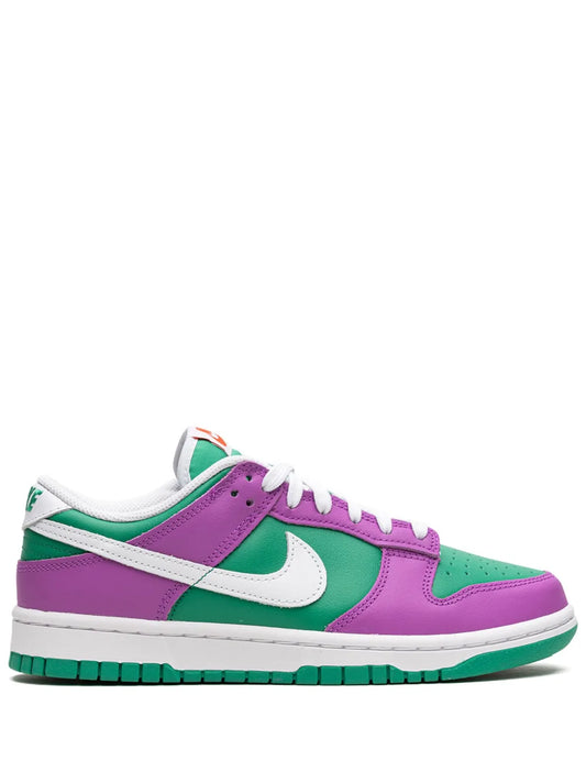 Purple and green low-top sneakers with white swoosh, laces, and padded tongue