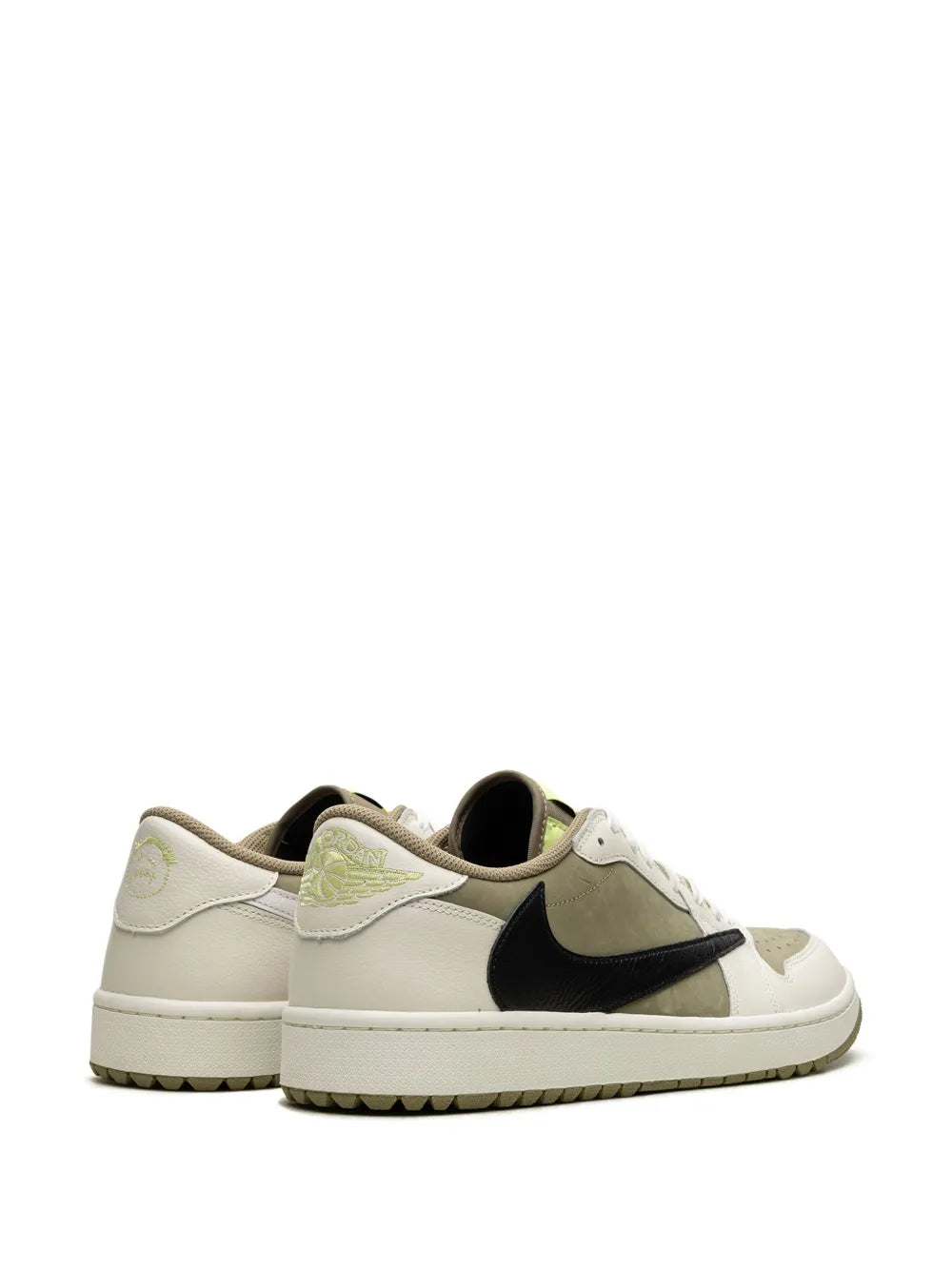 Low-top golf sneaker heel and quarter view in white with black Swoosh, olive accents