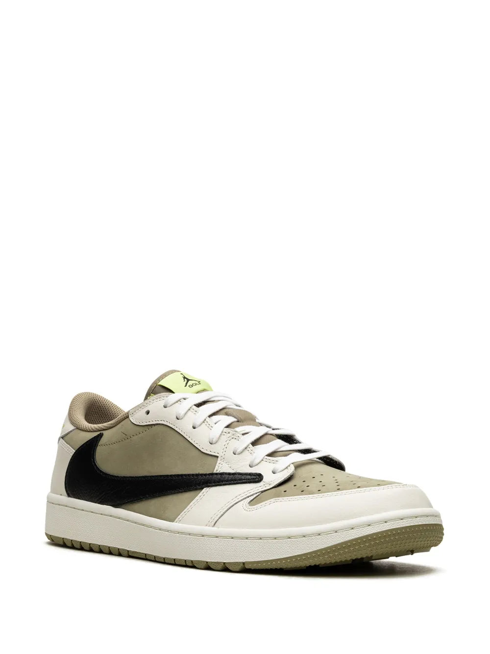 Low-top golf sneaker side view in white with black Swoosh and olive overlays, lace-up