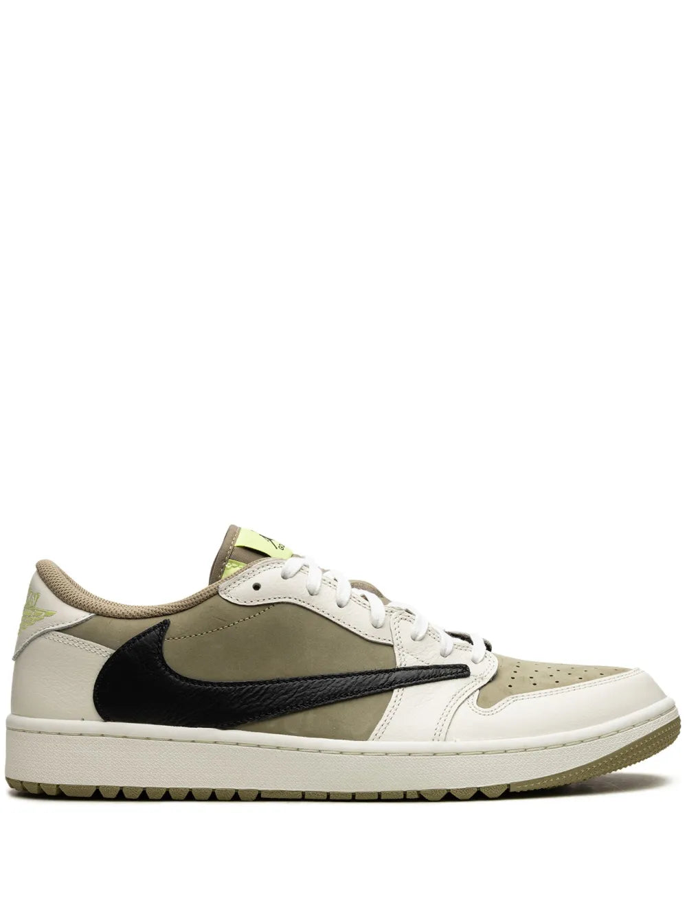 Low-top golf sneaker in black and white with olive panels, lace-up, side Swoosh