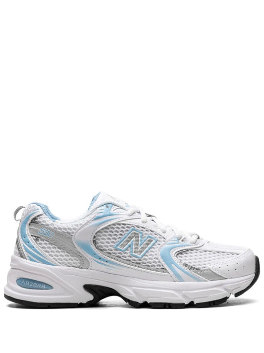New Balance 530 low-top running sneakers, white with light blue mesh and N logo