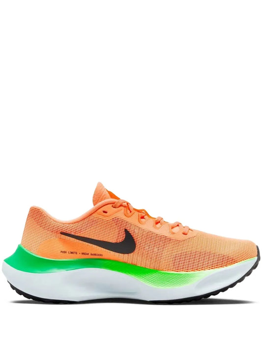Nike Zoom Fly 5 running shoes with orange knit upper, black swoosh, green side accents