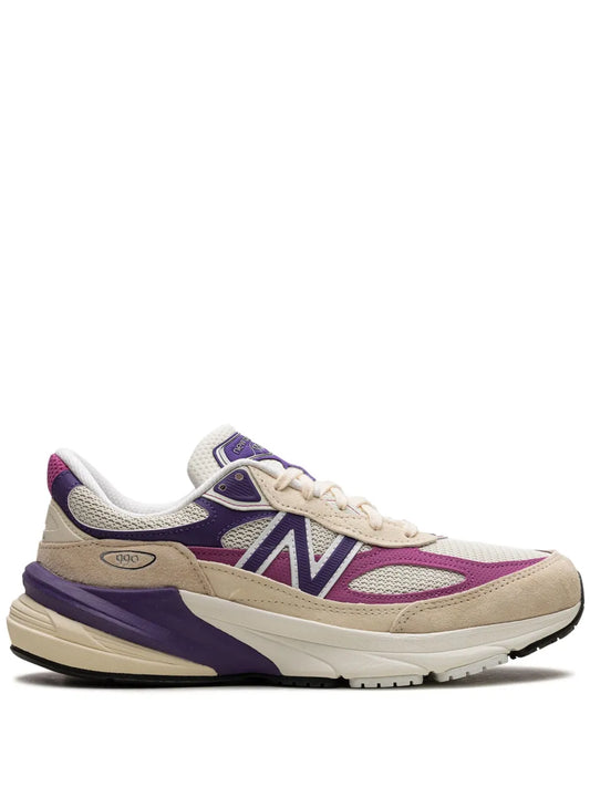 New Balance 990V6 beige and purple running sneaker with lace-up front
