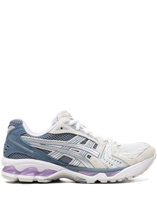 ASICS Gel Kayano 14 running shoes in white with blue accents, purple cushioned sole
