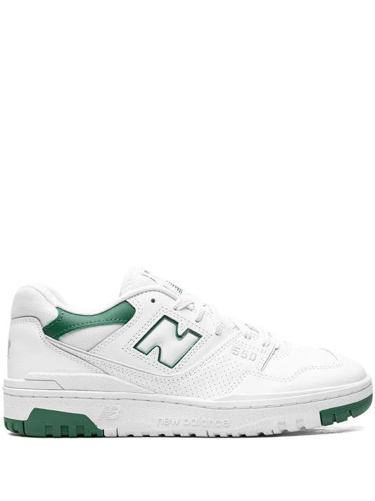 White and green New Balance 550 low-top sneaker with lace-up and logo
