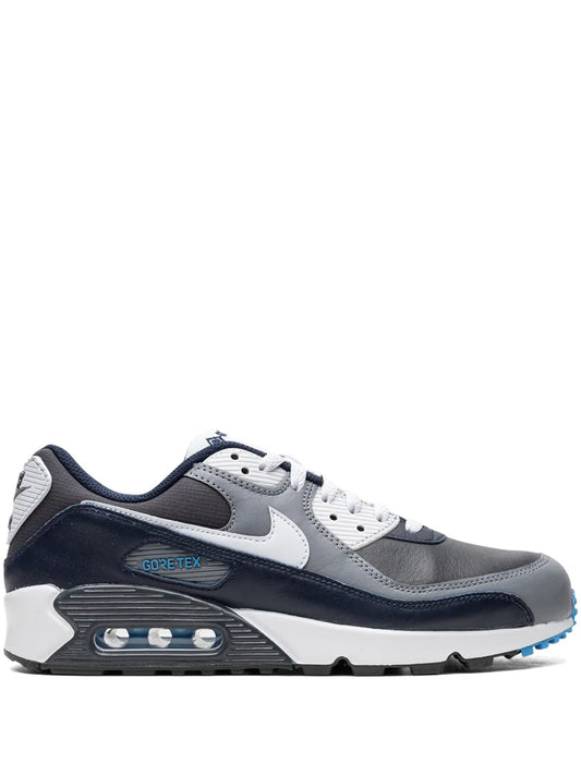 Nike Air Max 90 Gore-Tex sneakers in white, gray, and dark navy with blue accents