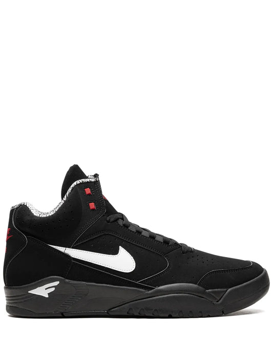 Black mid-top Nike Air Flight Lite sneakers with white swoosh and lace-up design