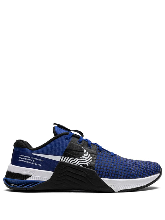 Nike Metcon 8 training shoe, blue mesh upper with black and white accents