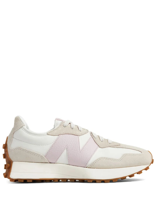New Balance 327 low-top leather sneaker, beige/white with pink side panels and gum sole