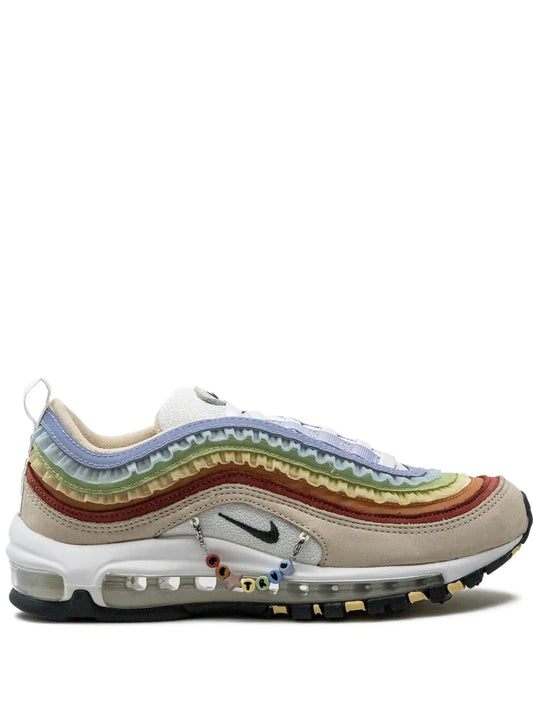 Nike Air Max 97 sneaker, beige upper with multicolor wave overlays and white Air sole