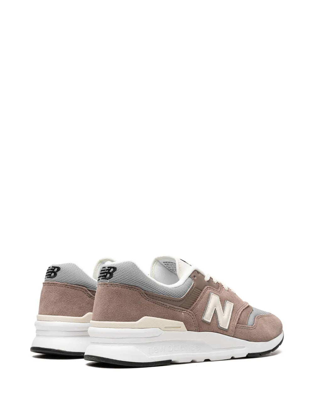 New Balance 997 suede sneakers, heel-to-toe view, brown upper with white sole and N logo