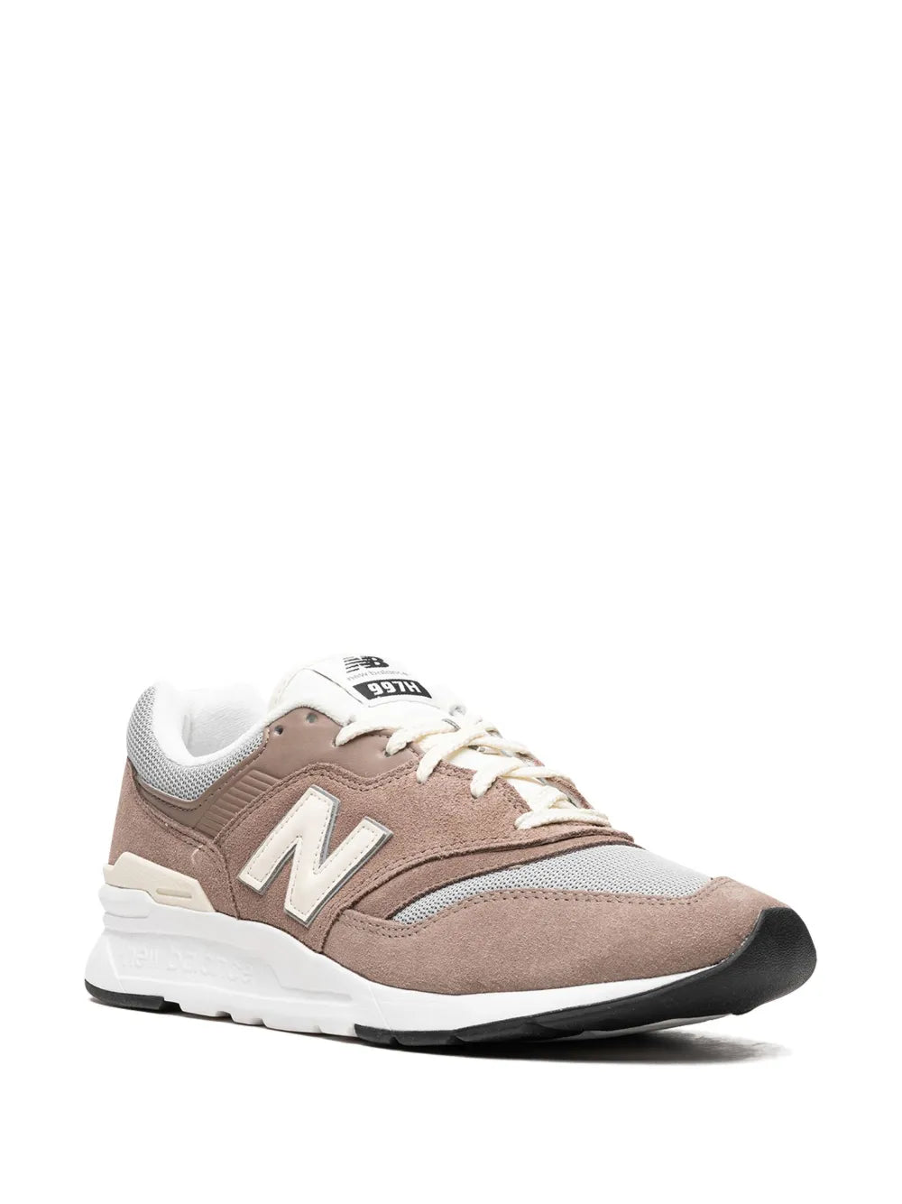 New Balance 997 suede sneakers, side view, brown suede upper with white laces and N logo