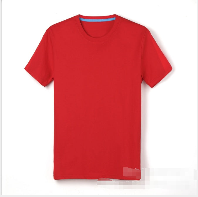 Men’s crew-neck red T-shirt with short sleeves and turquoise-trim collar
