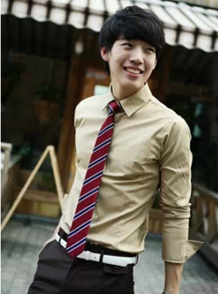 Champagne button-up dress shirt with pointed collar and long sleeves