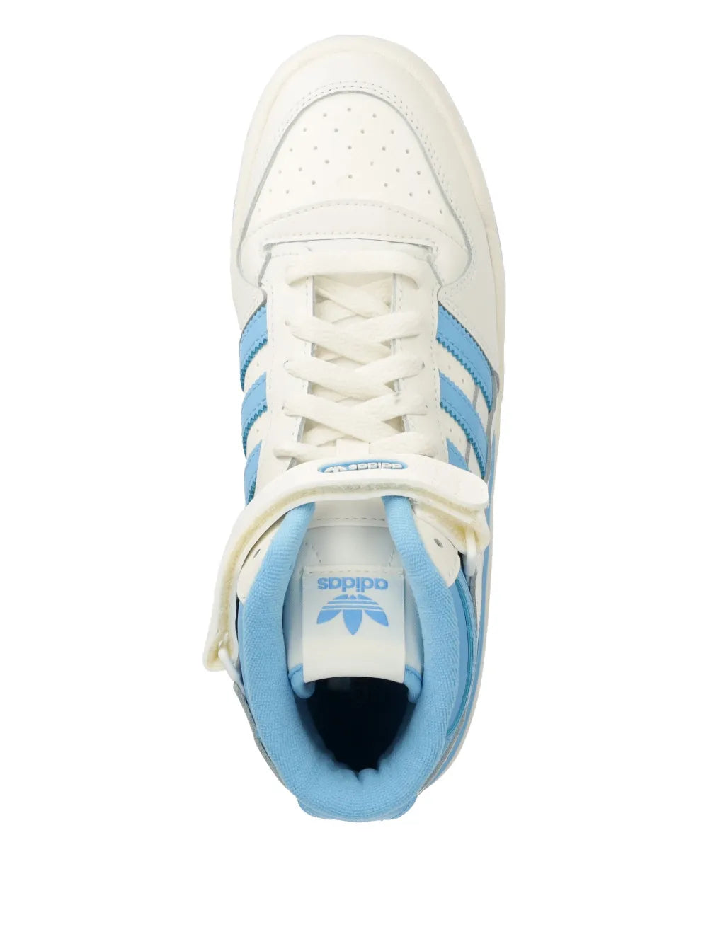 adidas lace-up high-top sneaker in white with blue-lined interior and light blue logo